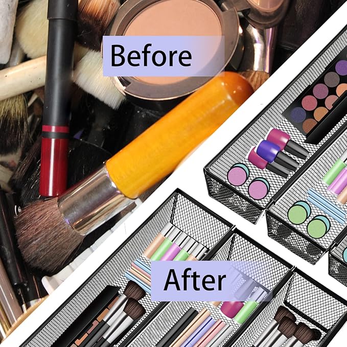 4PCS Drawer Organizer, Mesh Drawer Organizer with Interlocking Arm for Utensil, Cosmetic, Flatware, Pen (12 * 3 * 2 Inches, Grey)