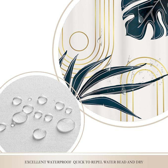 Glawry Boho Navy Blue Shower Curtain Mid Century Abstract Tropical Palm Leaf Modern Minimalist Plant Botanical Bathroom Geometric 60Wx72L Inches Bath Accessories Art Home Decor Fabric 12 Pack Hooks