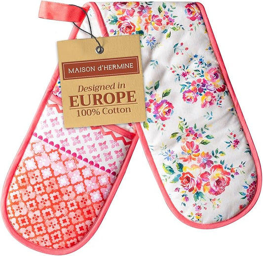 Maison d' Hermine Double Oven Mitts 100% Cotton 7"x35" Double Oven Mitt Heat Resistant BBQ Cooking Gloves with Loop, Baking, Grilling, Home, Kitchen, Handling Hot Pans Spring Summer (Rose Garden)