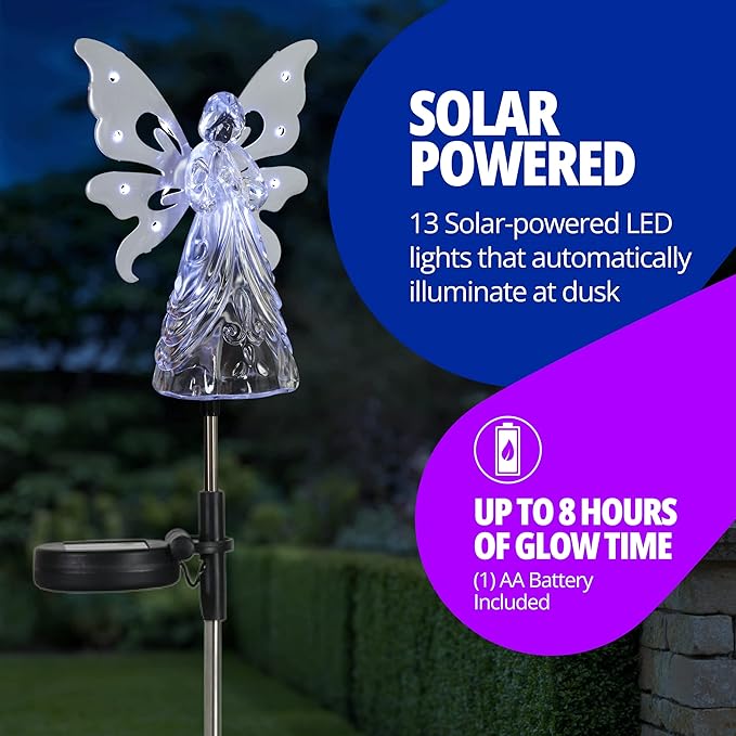 Exhart Garden Solar Lights, Decorative Angel Garden Stake, 13 LEDs, Cute Yard and Pathway Decor, White, 7 x 40 Inch