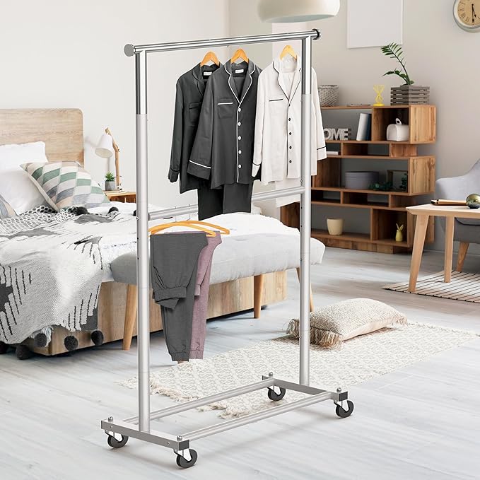 Simple Houseware Double Rod Garment Rack, Grey