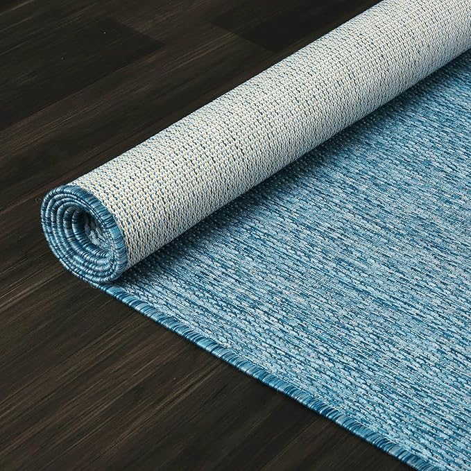 Washable Indoor Outdoor Rug 9x12 Weather Resistant Area Rugs Modern Solid for Porch Deck Balcony Backyard Patio Outside Carpet (9 X 12 Aqua Blue)