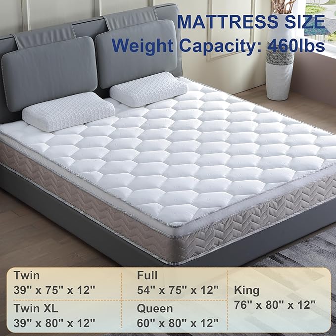 12 Inch Full Mattress Hybrid Innerspring and Plush Memory Mattress in a Box,Medium Soft Feel,Motion Isolation & Pressure Relief,Cooling Bed Mattress for Bed Frames,CertiPUR-US Certified (King)
