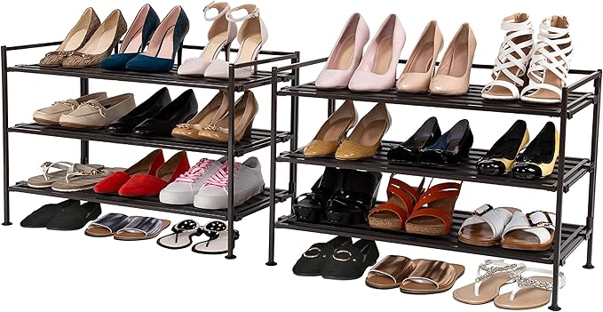 Seville Classics Sturdy Freestanding Storage Shelf for Bedroom, Closet, Entryway, Dorm Room Organizer, Stackable Durable Metal Shoe Rack, Espresso Slat, 3-Tier (2-Pack)