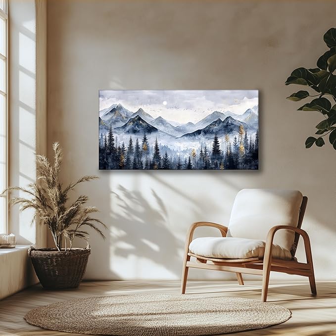 SERIMINO Mountain Landscape Large Wall Art, Misty Forest Canvas Prints, Blue Gold Watercolor Pine Tree Paintings Wall Decor Living Room Bedroom, Natural Scenery Office Decor Pictures 24"X48"