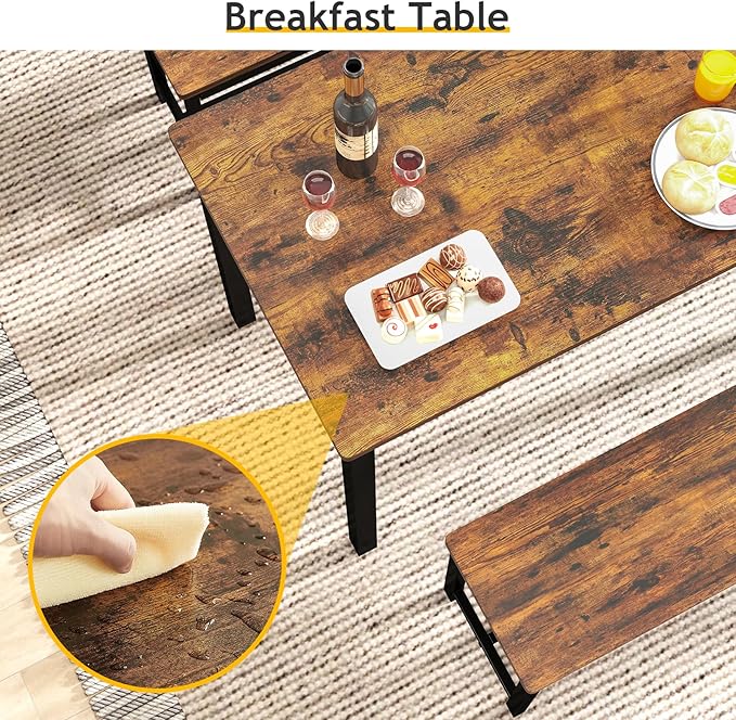 Rovibek 43" Dining Table Set for 4, Modern Space Saving Kitchen Breakfast Table with Benches & Adjustable Feet, Wooden Industrial Style Farmhouse, Brown