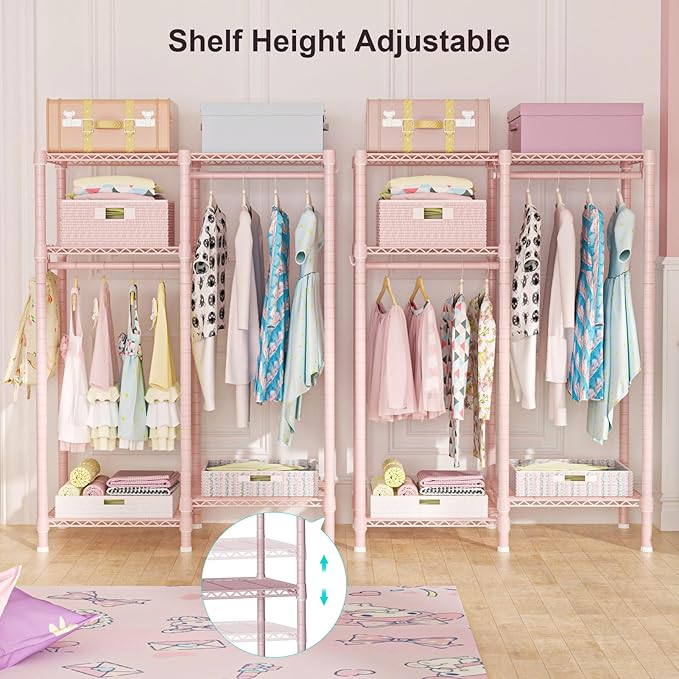 Ulif F1 Clothes Rack for Kids, Baby, Students, and Children's Room, 4 Tiers Portable Metal Closet Clothing Rack, Small Garment Rack with 2 Hanging Rod, 31.2" W x 11.8" D x 48" H, Pink