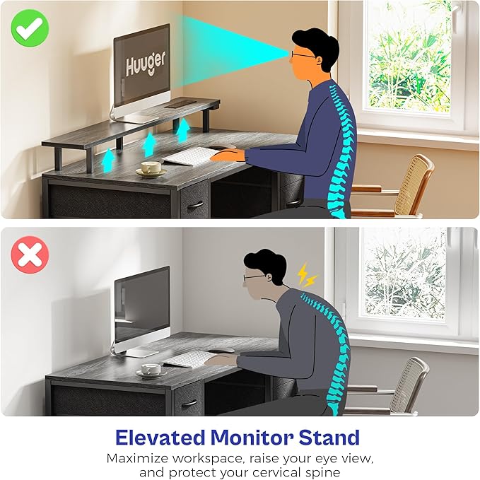 Huuger 47 inch Computer Desk with 4 Drawers, Gaming Desk with LED Lights & Power Outlets, Home Office Desk with Large Storage Space for Bedroom, Work from Home, Grey