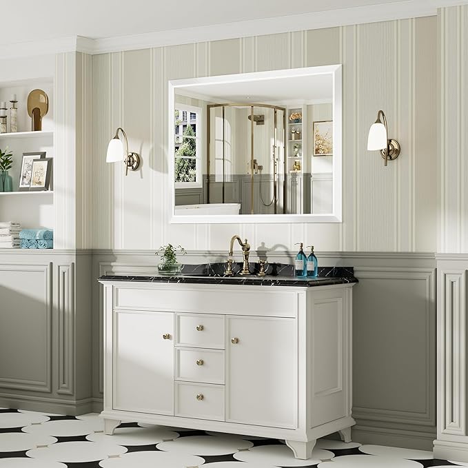 48x36 Inch White Bathroom Mirror for Wall, Thick Metal Framed Rectangle Mirrors for Over Sink, Bedroom, Living Room, Entryway, Anti-Rust, HD Tempered Glass