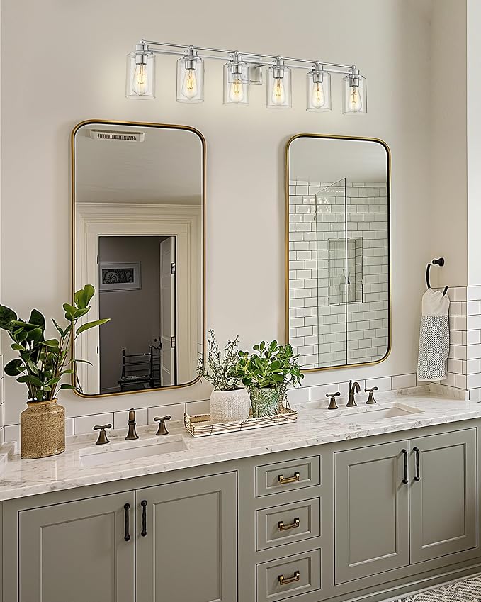 Bathroom Vanity Light Fixtures 6 Light, HWH Brushed Nickel Vanity Light Bathroom Lights Over Mirror, Wall Vanity Lights for Bathroom with Clear Glass Shade, 5HLT63B-6W BN