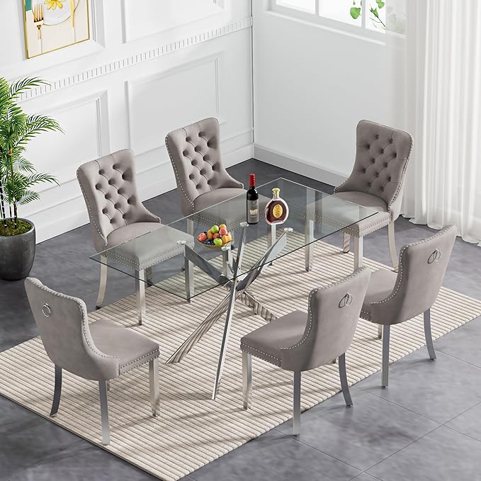 Goujxcy Glass Dining Table Set for 6, Modern Kitchen Table and Chairs Set of 6, 7-Piece Kitchen Dining Room Table Set w/51 Glass Metal Dining Table and 6 Grey Velvet Upholstered Chairs
