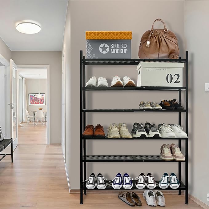 Shoe Rack, 4-Tier FreeStanding Shoe Shelf Stand, Stackable Shoe Storage Organizer for Closet, Holds up to 20-24 Pairs of Shoes for Entryway, Garage, Front Door Entrance, Metal, Black