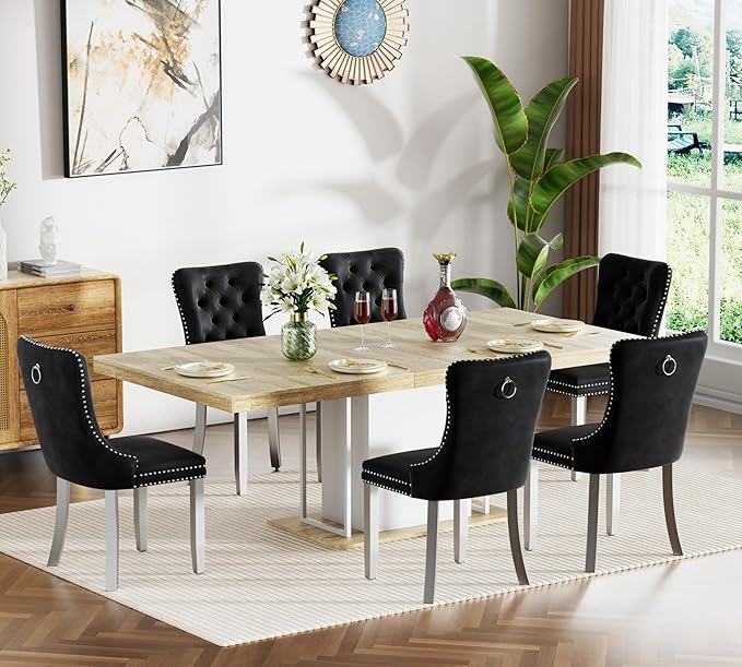 Goujxcy 78.7" Farmhouse Extendable Dining Room Table Set for 6, 7-Piece Rectangle Kitchen Dining Room Table Set with Wood Base and 6 Black Velvet Dining Chairs, Extending Kitchen & Dining Table Set