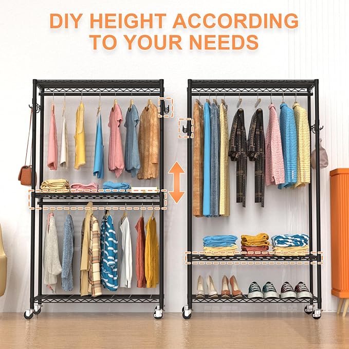 Clothes Rack, Clothing Racks for Hanging Clothes, 3 Tiers Adjustable Garment Rack with Wheels | Double Rods | Side Hooks | Heavy Duty | Load 445lbs | 15.7" D x 35.43" W x 78.34" H | Black