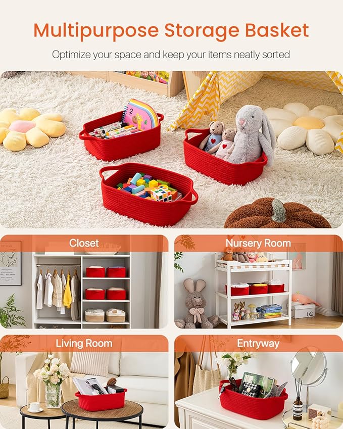 KALLAX Small Woven Basket, 12 x 8 x 4.5 Inches, Small Storage Baskets for Organizing, Gift Baskets Empty, Cute Rope Shelf Closet Storage Bins for Shelves, Dog Toy Basket, Red