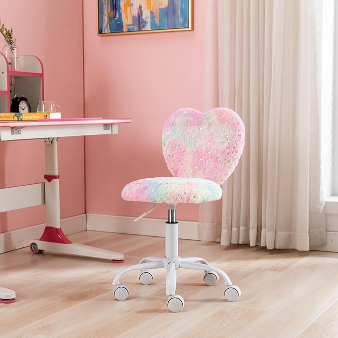 Kmax Kids Reading Chair, Rolling Cute Desk Chair for Girls Swivel Office Chair with Wheels & Heart Back Adjustable Childrens Vanity Chair for Bedroom Reading Room - Faux Fur, Colorful