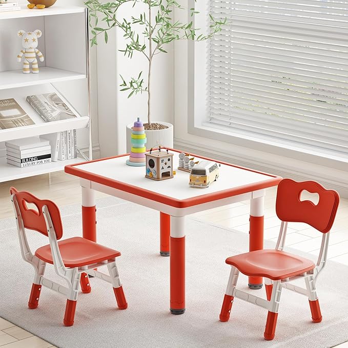 Toddler Table and 2 Chairs, Kids Table and Chair Set Height Adjustable, 31.5''L x 23.6''W Multifunctional Graffiti Desktop for Reading, Drawing, Eating, for Girls & Boys Age 2-10, Red