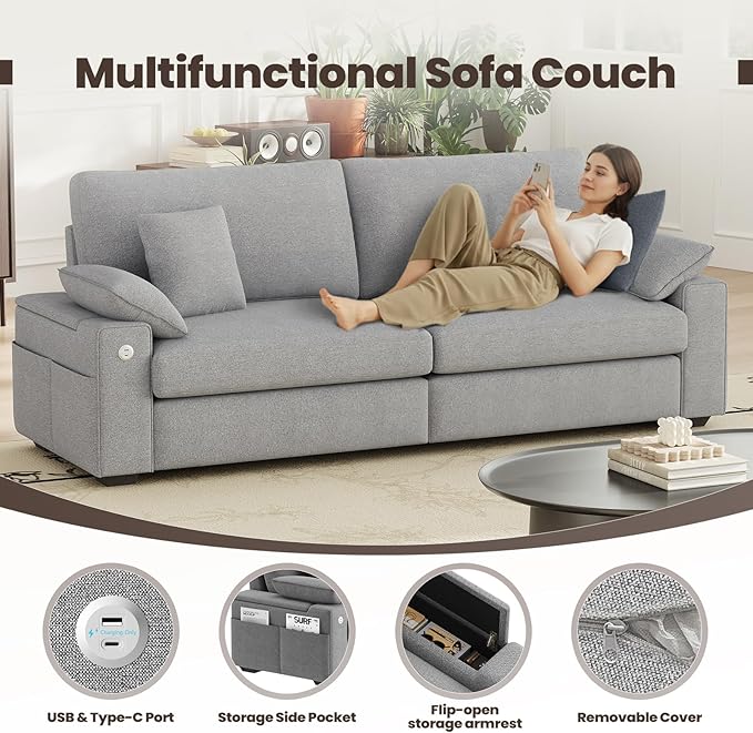 89" Loveseat Sofa, Cloud Foam Couch, 3 Seater Upholstered Midcentury Mondern Love Seat with USB Type C Ports, 4 Pillows and Flip-Open Storage Armrest for Living Room/Small Spaces, Grey