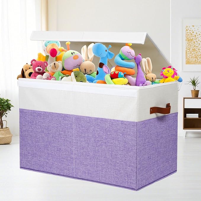 Large Toy Box with Lid, Sturdy Toy Storage Chest Bin Boxes Organizer Basket with Dividers for Toddlers, Kids, Boys, Girls, Nursery, Living Room, Bedroom, Playroom 25"x13" x16" (Purple and White)