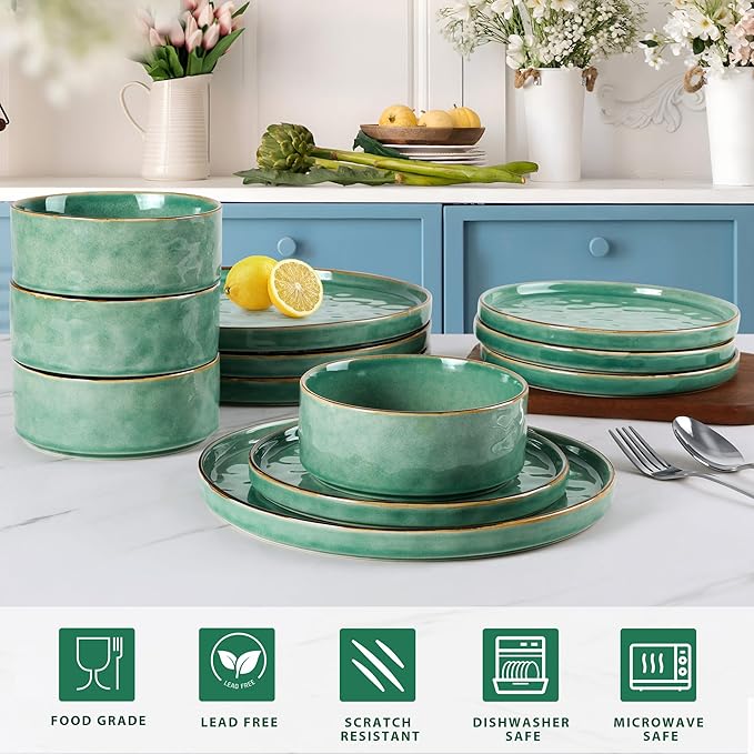 LIANYU Dinnerware Sets for 4, 12 Piece Plates and Bowls Dish Set, Stoneware Dishware Dinner Ware for Kitchen Dining, Microwave & Dishwasher Safe, Emerald Green