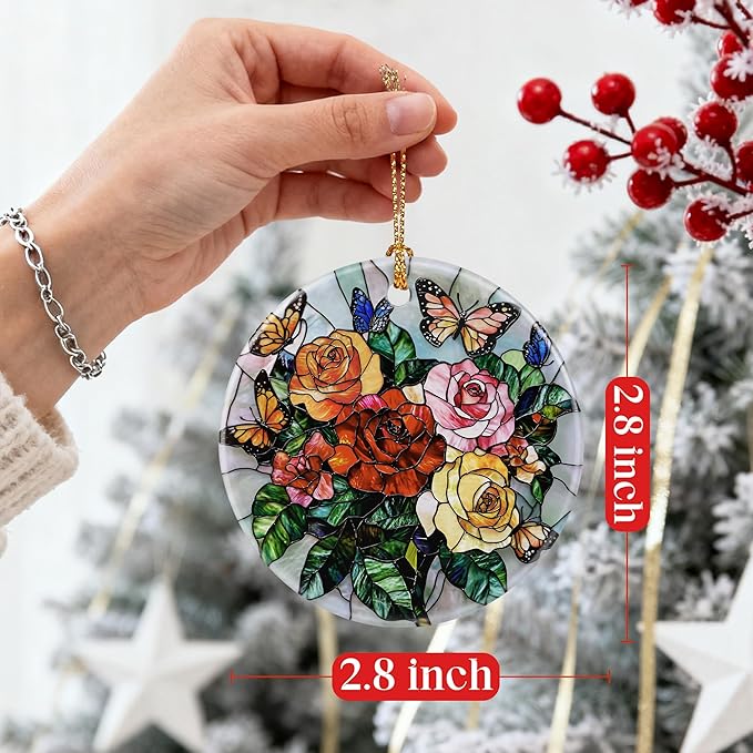 Butterfly & Rose Ornament, Christmas Ornaments, Christmas Decorations, Holiday Decor Gifts for Family, Friends & Flower Lovers, Gift Exchange & Gift Idea, Giftbox Included