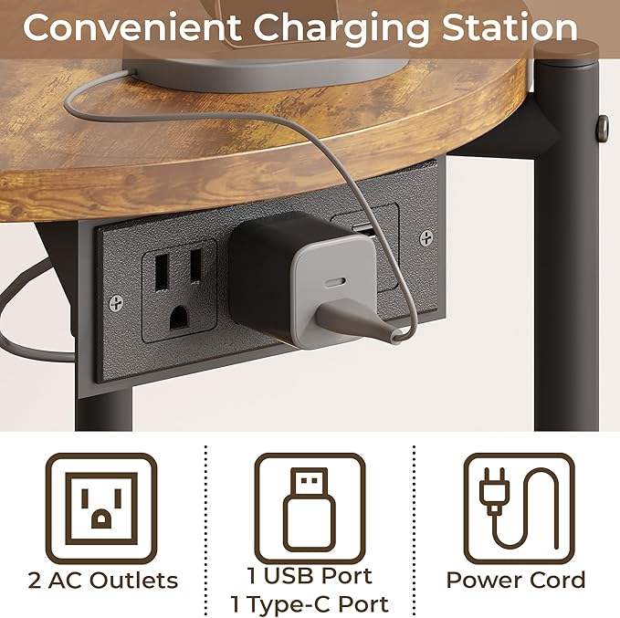 LIKIMIO Small Round End Tables Set of 2 with Charging Station, 2-Tier Wooden Side Tables, 15.8" W Modern Nightstands for Small Spaces, Living Room, Bedroom, Rustic Brown
