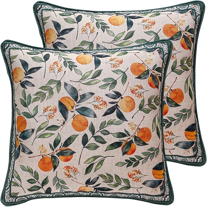 patdrea Designer Throw Pillow Covers Set of 2,Square Green Vintage Rustic Linen with Oranges Harvest Pattern Pillow Cover,Decorative Pillowcases Cushion for Bed Living Room Outdoor Car,18"x18"