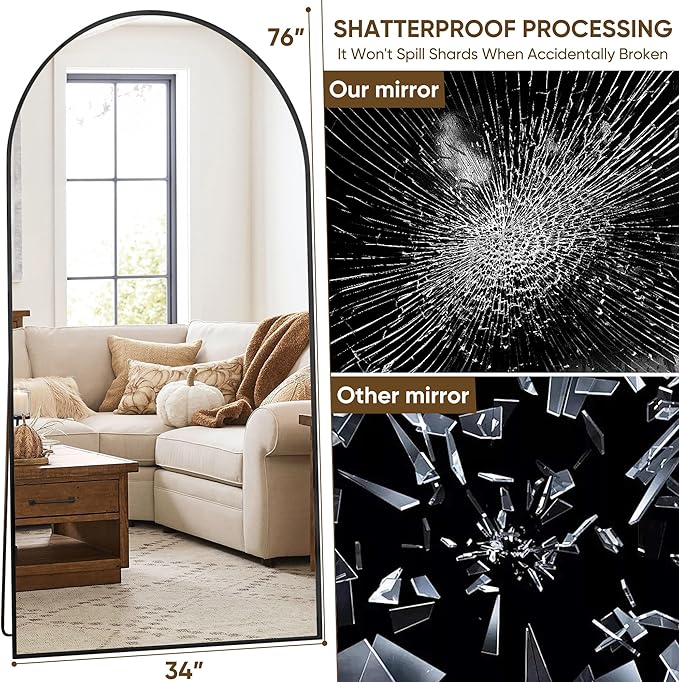 Suidia Full Length Mirror, 76"x34" Floor Standing Mirror Freestanding, Full Body Mirrors with Stand for Bedroom, Hanging Mounted for Living Room Cloakroom, Black, Arched Style