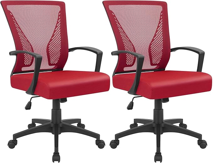 Furmax Office Chair Ergonomic Computer Desk Mesh Chair Mid Back Swivel Lumbar Support with Armrest (2, Red)
