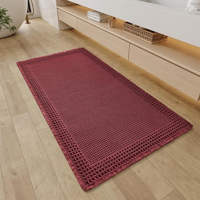 RESARE Waffle Bathroom Runner Rugs, Super Absorbent Bath Mat Non Slip Washable Quick Dry, Upgraded Ultra Soft Boho Bath Rugs with Tassels for Hallway Bedroom Laundry Room, 2'x4'(24"x48"), Dark Red