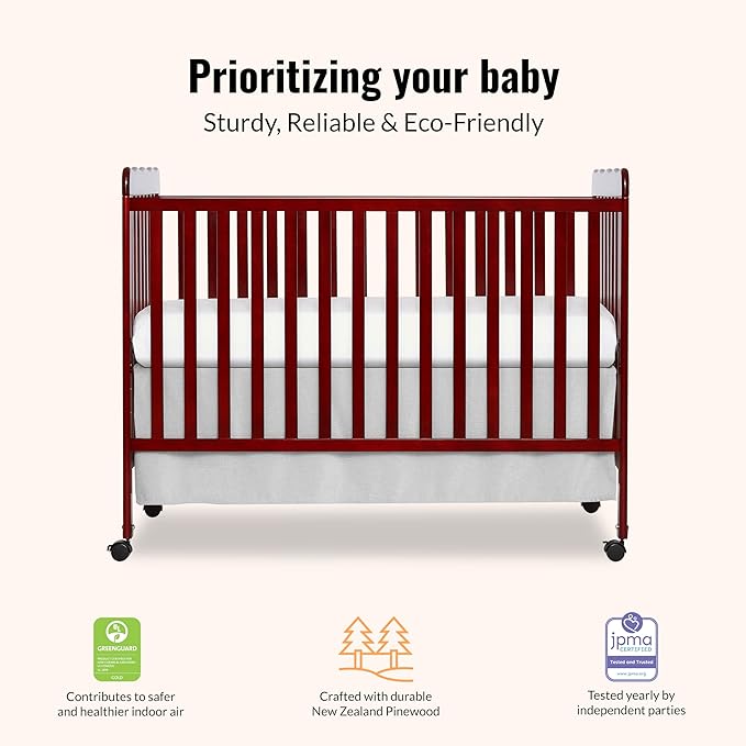 Dream On Me Carson Classic 3-in-1 Convertible Full-Size Baby Crib in Cherry, GreenGuard Gold & JPMA, 4 Mattress Heights, Converts to Day & Toddler Bed, Locking Wheels, Classic Nursery Design