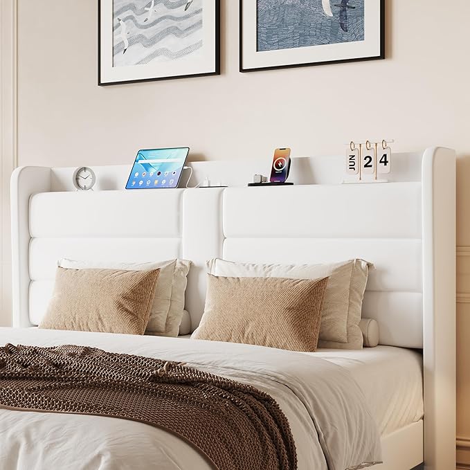 SHA CERLIN King Size Bed Frame with Charging Station & Storage Shelf, Velvet Upholstered Modern Platform Bed with Wingback Headboard, Wooden Slats Support, No Box Spring Needed, Easy Assembly, White