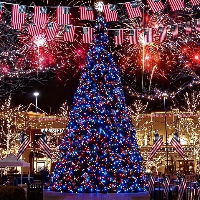 KAQ Red White & Blue Lights 115FT 300LED 4th of July Decorations Outdoor/Indoor, Extendable Plug-in Twinkle Fairy Lights Waterproof with 8 Modes&Timer Independence Day Patriotic Tree Decorations
