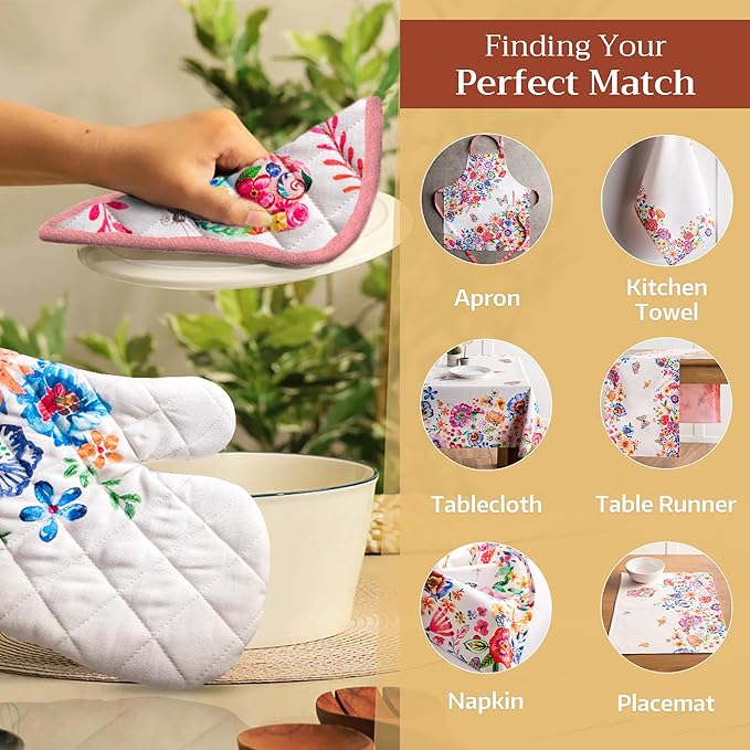 Maison d' Hermine 100% Cotton Oven Mitt & Pot Holder Set (7.5"x13" & 8"x8") Heat Resistant BBQ Cooking Gloves with Loop, Grilling, Kitchen, Handling Hot Pan Spring/Summer (Happy Florals - High Summer)