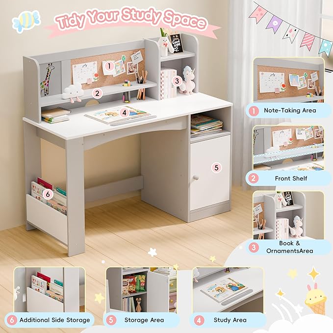 Kids Study Desk with Chair and Tiltable Desktop, Kids Stud Des and Chair Set with Hutch&Storage Cabinet, Wooden Children Study Table for 5-12 Years Old, Student Writing Desk for Bedroom (Grey)