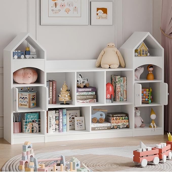 Vabches Castle Shape Children's Bookshelf, Kids Bookcase Display Case Kids Toy Storage Organizer Multifunctional Storage Cabinet Bookshelf Suitable for Playroom, Children's Room, Living Room, White