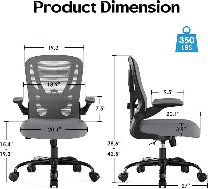 Office Chair Ergonomic Desk Chair - Mesh Computer Chair Breathable Task Chair with Wheels Adjustable Lumbar Support Home Desk Office Chairs with Flip up Armrest Executive Rolling Swivel Gray