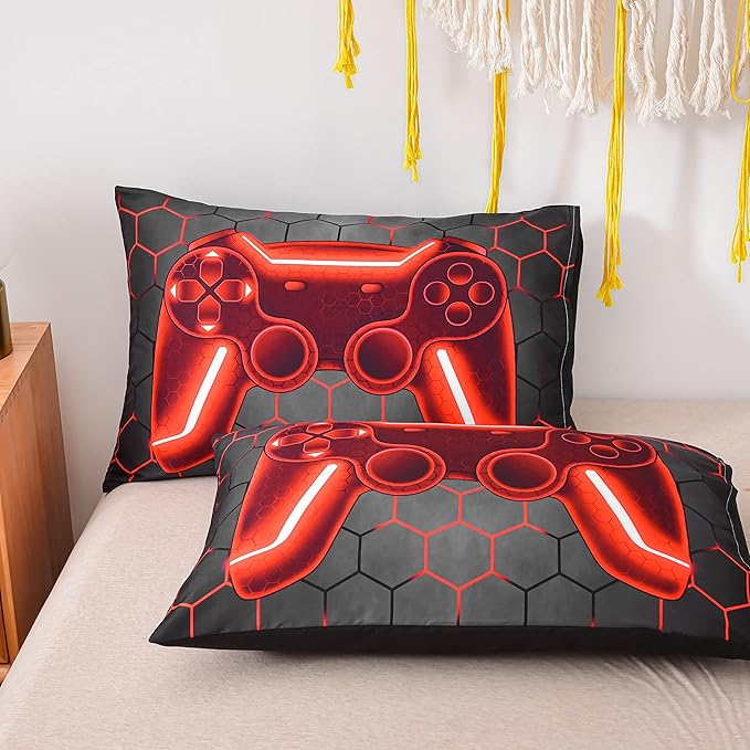 NTBED Game Console Comforter Set for Boys Girls Kids Geometric Lightweight Microfiber Bedding Sets (red, Full)