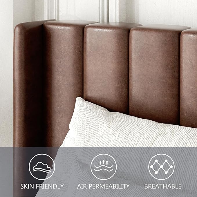 Queen Size Bed Frame with Upholstered Wingback Headboard, Easy Assemnly Platform Bed, Wooden Slat Support No Box Spring Needed, Dark Brown Leather