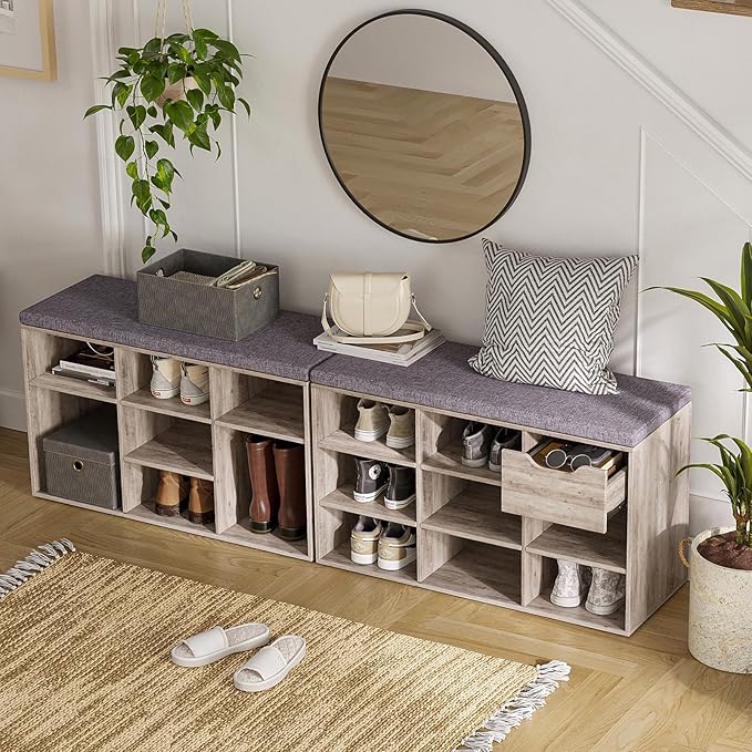 DINZI LVJ Shoe Bench, 9 Cubbies Shoe Organizer for Entryway, Storage Bench with Cushion, Cubby Shoe Rack with Adjustable Shelves for Living Room, Bedroom, Mudroom, Hallway, Greige