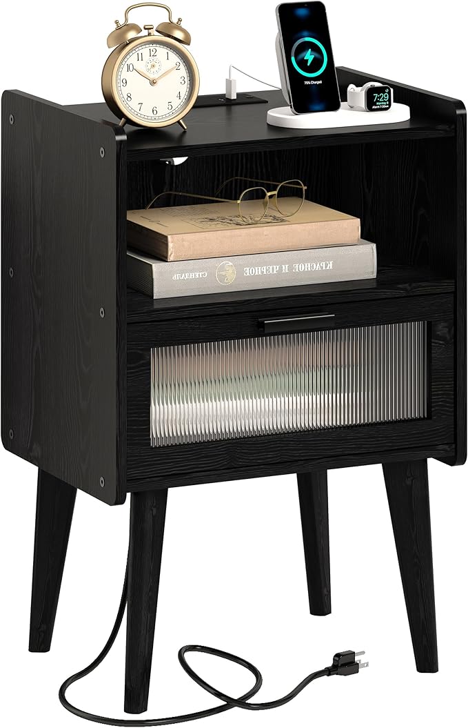 Nightstand with Charging Station, Bedside Tables with Glass Decorative Door, Black Wood Grain End Table, Side Table with 2 Tiers Storage Space for Bedroom Living Room CAMLBZ07XE