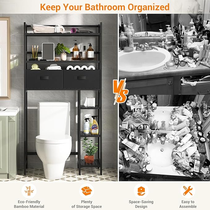 Homykic Over The Toilet Storage with 2 Drawers, Bamboo Above Toilet Shelf Organizer, Bathroom Tower Rack with Toilet Paper Holder Stand, Space Saver, Mass Storage, No Rust, Black