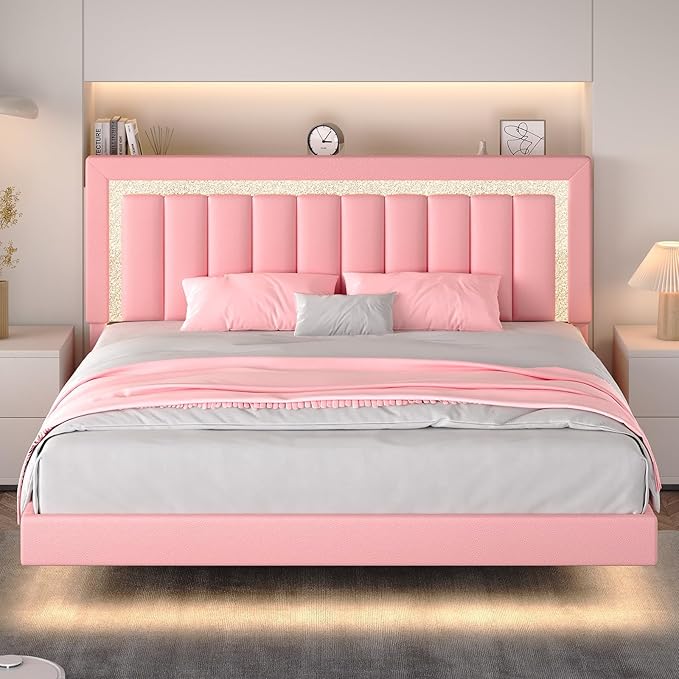 HOMBCK Floating Bed Frame King with Smart LED Lights, Faux Leather Upholstered Bed with Diamond PU Headboard, No Box Spring Needed, Noise-Free, Easy Assembly, Pink