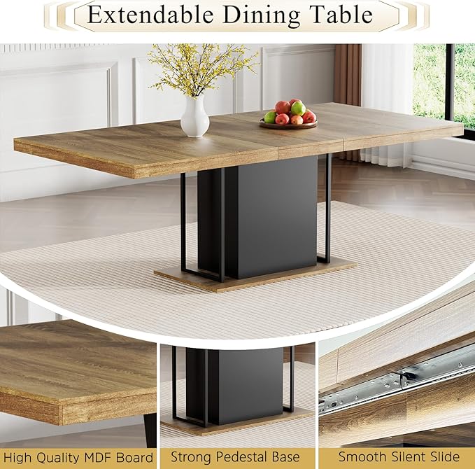 Goujxcy 78.7" Farmhouse Extendable Dining Room Table Set for 8, 9-Piece Rectangle Kitchen Dining Room Table Set with Wood Base and 8 Black Velvet Dining Chairs, Extending Kitchen & Dining Table Set