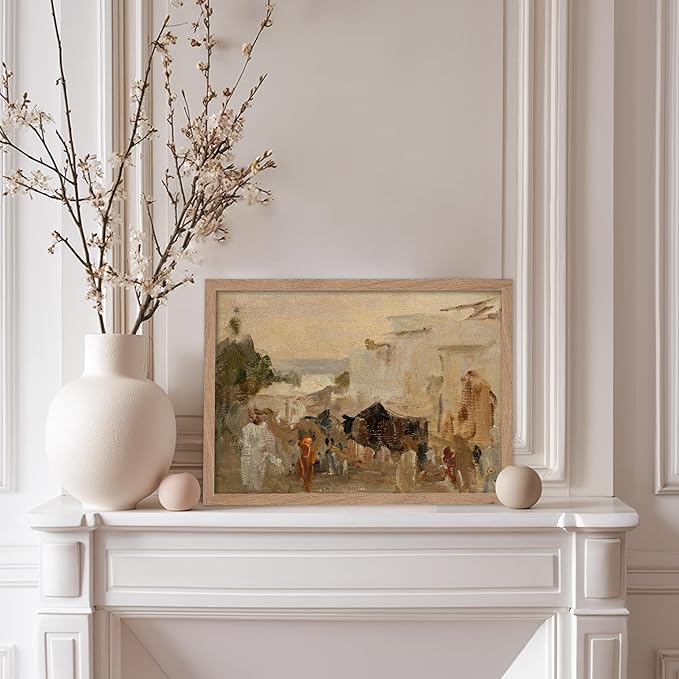 Poster Master Vintage The Bazaar Painting Poster - Retro Street in Udaipur Print - India Art - Cityscape Art - Farmhouse Art - Abstract Art - Office or Living Room Wall Decor, 8x10 Beige Framed