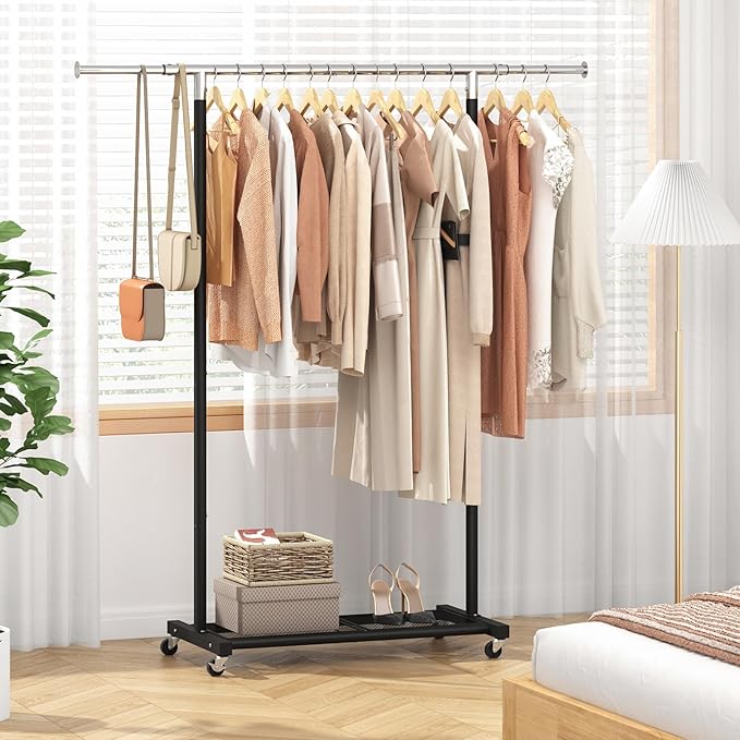 JIUYOTREE Rolling Clothes Rack with Dense Mesh Storage Shelf Clothing Garment Rack with Wheels Width Adjustable Clothing Organizer for Hanging Clothes Shirts Pants Skirts and Bags Black