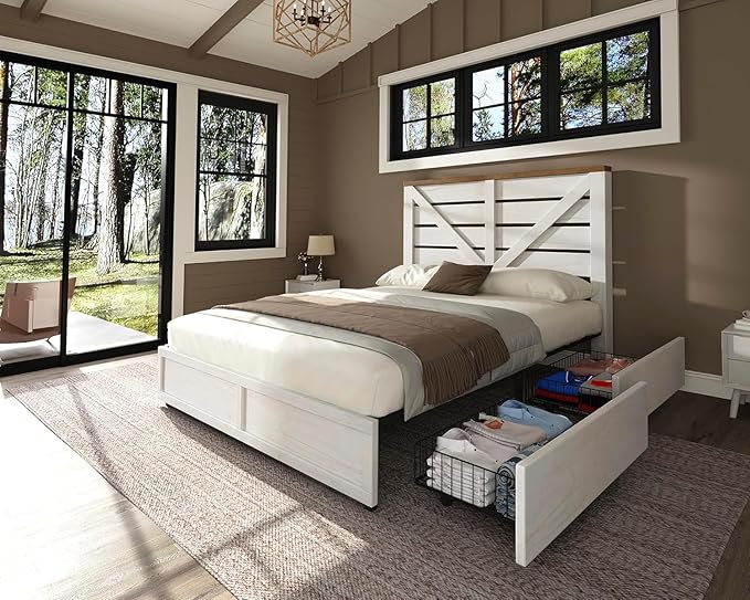 AMERLIFE Full Size Farmhouse Bed Frame with 4 Drawers, Wooden Storage Bed Frame with Headboard and Heavy Duty Metal Slats, Noisy Free, Easy Assemble, White/Barnwood