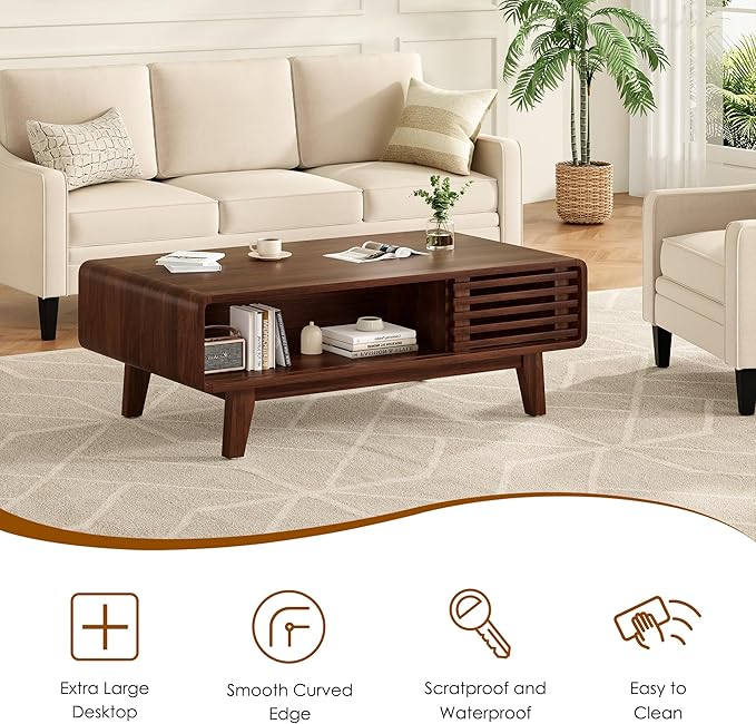 Coffee Table, Living Room Tables, Modern Table with Storage, Mid Century Farmhouse Wood Coffee Table for Living Room