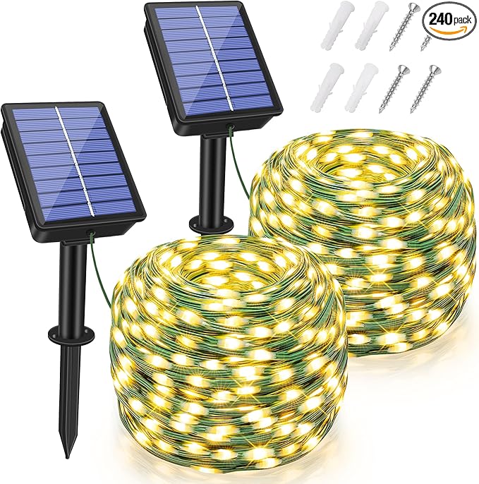 2 Pack Solar String Lights Total 240LED 80FT, IP67 Waterproof String Lights for Outside with 8 Modes, Upgraded Solar Panel Fairy Lights for Garden Party Wedding Decorations (Warm White)