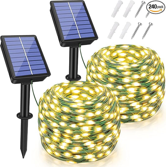2 Pack Solar String Lights Total 240LED 80FT, IP67 Waterproof String Lights for Outside with 8 Modes, Upgraded Solar Panel Fairy Lights for Garden Party Wedding Decorations (Warm White)